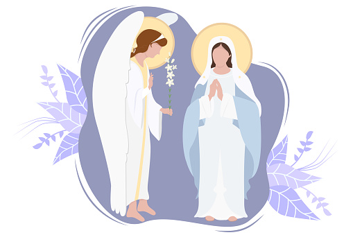 Annunciation to the Blessed Virgin Mary. Virgin Mary, Mother of Jesus Christ in a blue maforia and Archangel Gabriel With lily. Festive postcard. Religious Catholic and Orthodox holiday. Vector