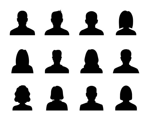 anonim siyah avatarlar koleksiyonu. erkek ve dişi siluetler seti. kullanıcı profili simgesi - gölge stock illustrations