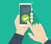 istock Answering vote question on cellphone vector or phone approval acceptance checkmark on survey online quiz and complete action flat cartoon, concept of approved poll tick check mark or complete quiz 1352214244