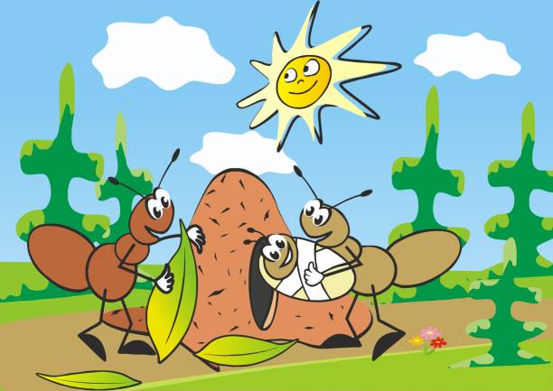 ant and anthill, family,  postcard for children Ants and anthill, family, postcard for children. Nature, ants and meadow with trees. On the background is sun and sky with clouds. Vector illustration. Picture for kids. ant clipart pictures stock illustrations