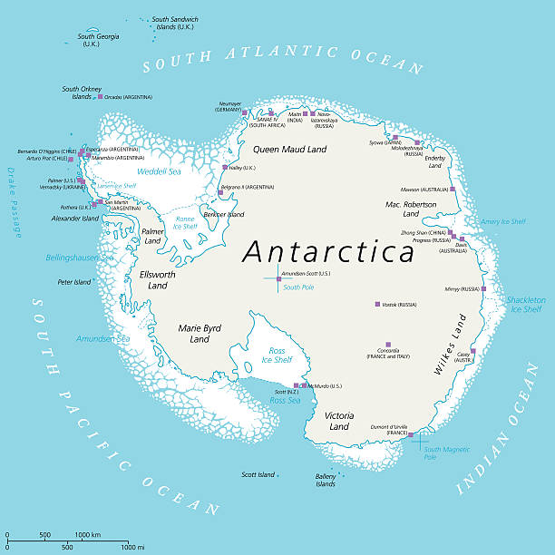 Antarctica Political Map Antarctica Political Map with south pole, scientific research stations and ice shelfs. English labeling and scaling. Illustration. antarctica stock illustrations