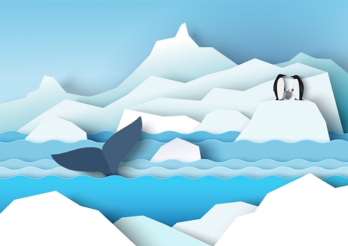Antarctica scenery with glaciers, icebergs, penguin family and whale, vector paper cut illustration. Antarctica wildlife