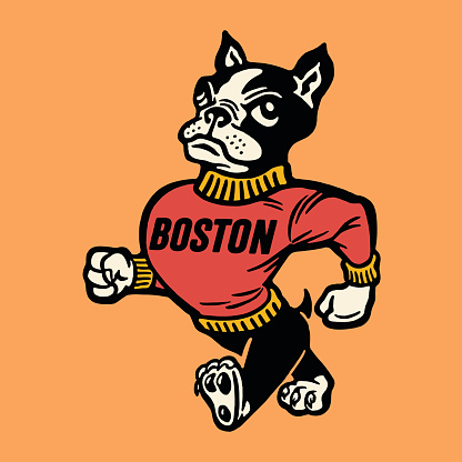 Anthropomorphic dog mascot with Boston on sweater