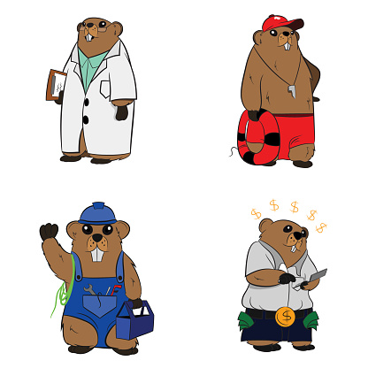 Anthropomorphized Groundhog character dressed as a Doctor Lifeguard Handyman and Accountant