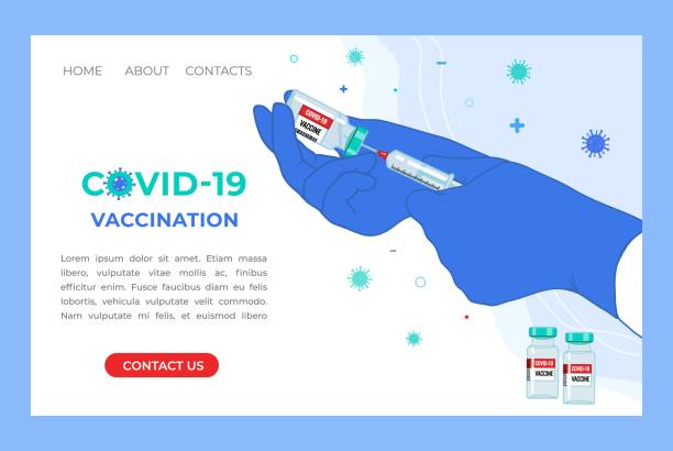 Anti Coronavirus disease COVID-19 infection medical vaccination landing page. Anti Coronavirus disease COVID-19 infection medical vaccination Landing Page. Doctor hands in medical gloves with syringe and vaccine bottle. Prevention pandemic risk web banner. Vector illustration. covid vaccine stock illustrations
