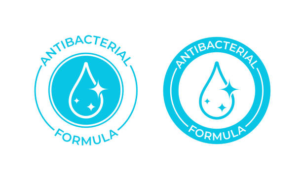 Antibacterial formula vector icon. Antibacterial soap or antiseptic and chemical cleaner product package seal Antibacterial formula vector icon. Antibacterial soap or antiseptic gel label, toilet bath gel cleaner antibacterial product package seal disinfection stock illustrations