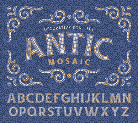 Antic Mosaic vector font set with decorative ornate and seamless pattern