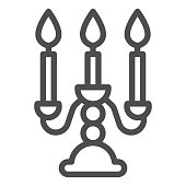 istock Antique candlestick with burning candles line icon, room decor concept, candelabrum sign on white background, rarity candlestick icon in outline style for mobile concept. Vector graphics. 1282417842