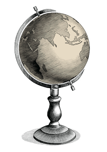 Antique celestial globe hand drawing vintage style black and white clip art isolated on white background,Celestial globe for education