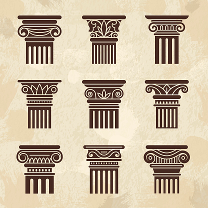 Antique columns. Ancient architecture museum exhibition pillars greek ornate columns recent vector stylized icons collection. Illustration of ancient architecture column or pillar