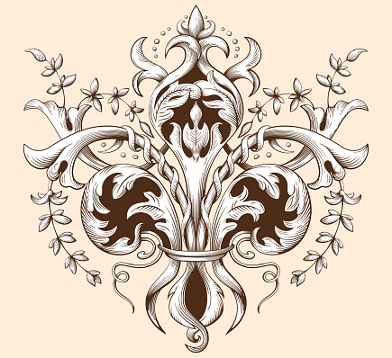 Antique decorative element In the style of engraving. Graceful floral ornament.