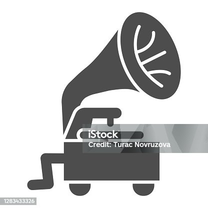 istock Antique gramophone solid icon, Sound design concept, Old record player sign on white background, Vintage gramophone tube icon in glyph style for mobile and web design. Vector graphics. 1283433326