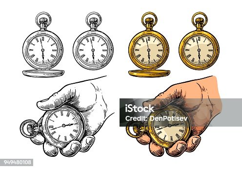 istock Antique pocket watch. Vector vintage color engraving isolated on white 949480108