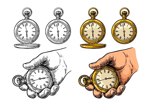 Male hand holding antique metal pocket watch. Vector vintage color engraving illustration. Isolated on white background. Hand drawn design element for label and poster