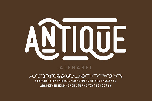 Antique style font, alphabet letters with alternates and numbers, vector illustration