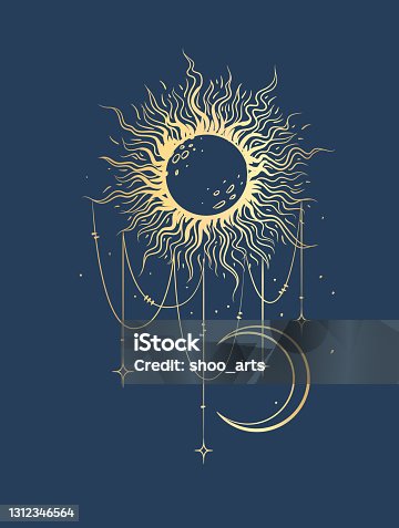istock Antique style sun and crescent moon. Boho chic tattoo design vector illustration 1312346564