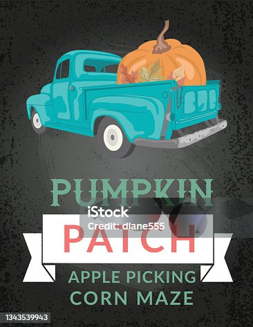 istock Antique Truck With Pumpkins And Harvest festival Sign 1343539943