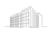 Multi- storey apartment building, office center or industrial building in continuous line art drawing style. Black linear sketch isolated on white background. Vector illustration
