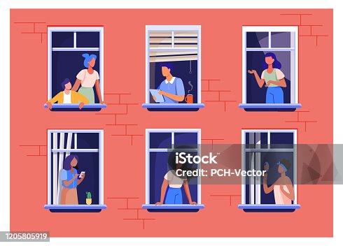 istock Apartment building with people in open window spaces 1205805919
