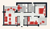"A colored floor plan of an apartment, with a hallway, living room, two bedrooms, kitchen, two balconies, wc and bathroom."