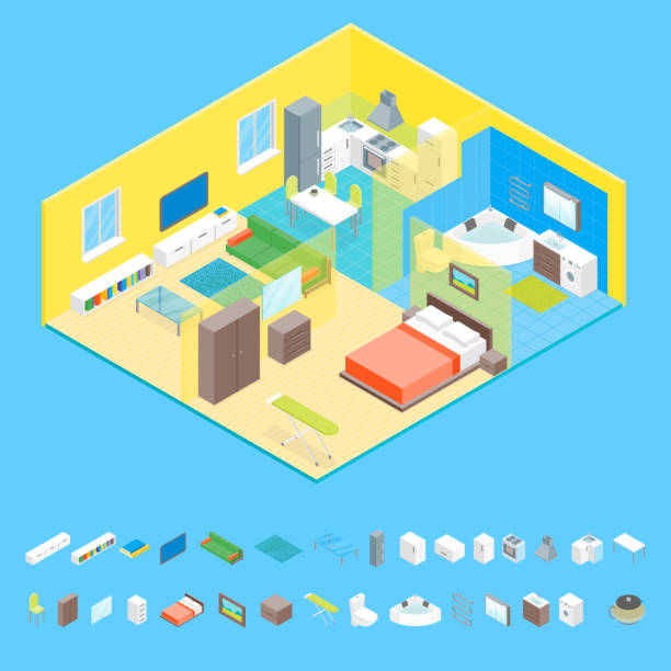Apartment Family Rooms Interior with Furniture and Elements Isometric View. Vector Apartment Family Rooms Interior with Furniture and Elements Isometric View Concept Plan or Project Living Home. Vector illustration of Bedroom, Kitchen and Bathroom bathroom door signs drawing stock illustrations