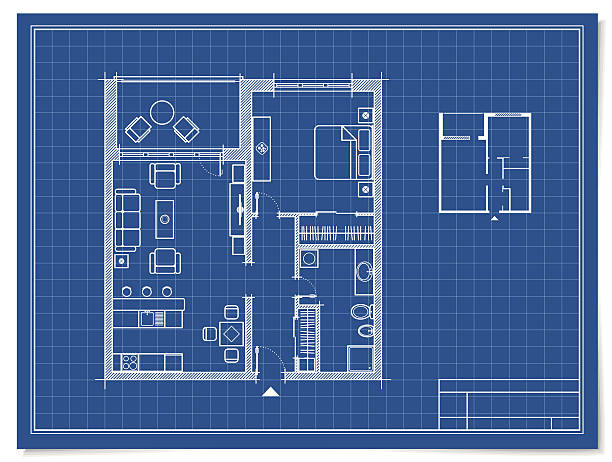 Apartment in Blueprint Floor plan of an apartment, with a hallway, living room, kitchen, bedroom, balcony, bathroom and wardrobe. bathroom drawings stock illustrations