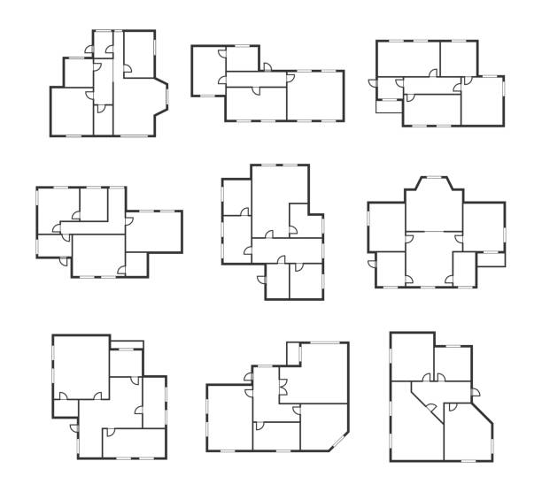 Apartment Plans Signs Black Thin Line Icon Set. Vector Apartment Plans Signs Black Thin Line Icons Set Top View. Vector illustration of Architect Room Plan Icon bathroom door signs drawing stock illustrations