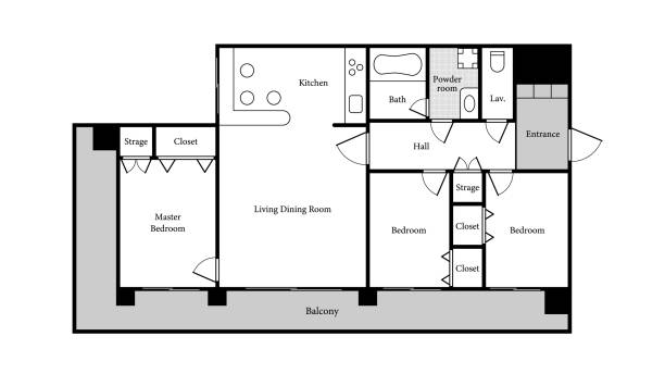 stockillustraties, clipart, cartoons en iconen met apartment sample layout. 3 bedrooms, 1 bathroom. - kookeiland