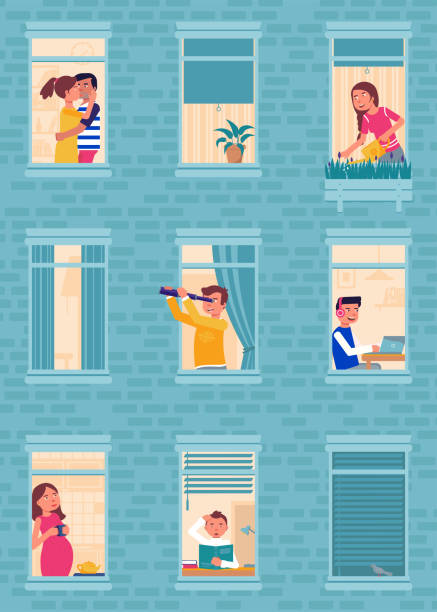 stockillustraties, clipart, cartoons en iconen met appartement windows platte vector illustratie - pregnant couple outside