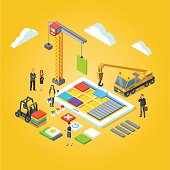 Team of app engineers and their leader building mobile app ux interface. Application development concept. Flat stylised 3d isometric vector illustration isolated on yellow background.