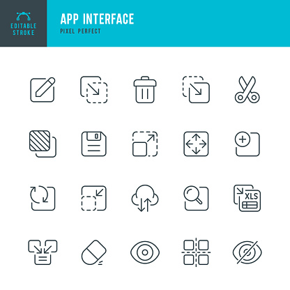 App Interface - thin line vector icon set. 20 linear icon. Pixel perfect. Editable outline stroke. The set contains icons: Copy, Paste, Cut Out, Save, Eraser, Delete, Searching, Move, Downloading, View, Scale, Update, Export.