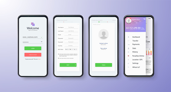 App UI Kit for responsive mobile app or website with different GUI layout including Login, Create Account, Profile, Transaction and Notification screens.