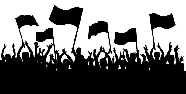 Applause crowd silhouette, cheerful people. Sports fans with flags Applause crowd silhouette, cheerful people. Sports fans with flags soccer silhouettes stock illustrations