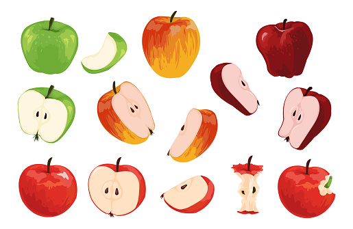 Apple. Cartoon half full and quarter of fruit with worm. Orchard vegetarian food collection. Ripe juicy vitamin plants for healthy nutrition. Vector organic green or red products set