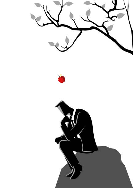 Apple falling dawn to the head of a thinking businessman Business concept illustration of an apple falling dawn to the head of a thinking businessman isaac newton stock illustrations
