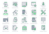 Application development line icons. Vector illustration included icon as mobile software, app ux prototyping, data analytics pictogram for web startup launch. Green Color, Editable Stroke.
