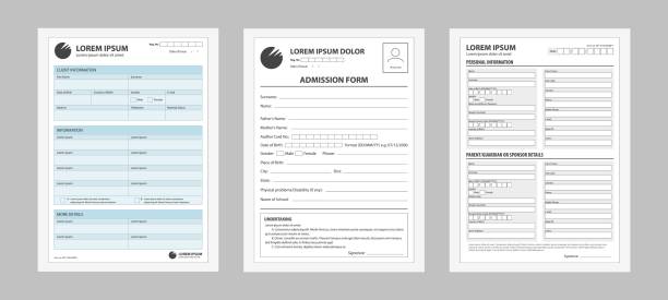Application form set. Prepared forms for registering filling personal data business contract for entering work. Application form set. Prepared forms for registering filling personal data business contract for entering work documentation traveling abroad information about studies credit vector and loan paper. form document stock illustrations