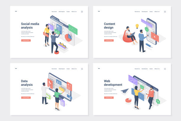 Application improvement stages isometric landing page templates set Application improvement stages isometric landing page templates set. Social media analysis, content design, data analytics, web development. Programmers and analysts cartoon characters email campaign stock illustrations