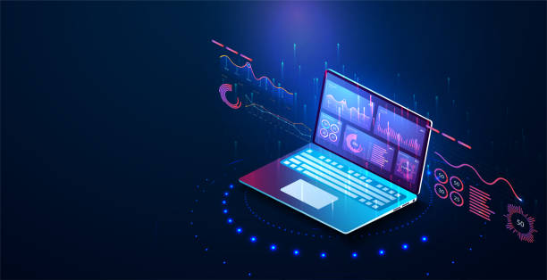 Application of laptop with business graph and analytics data on isometric laptop . Analysis trends and financial strategy by using infographic chart. Online statistics and data Analytics. Application of laptop with business graph and analytics data on isometric laptop . construction platform stock illustrations