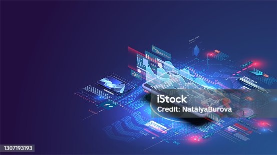 istock Application of smartphone with business graph and analytics data on isometric laptop . Analysis trends and financial strategy by using infographic chart. Online statistics and data Analytics. 1307193193