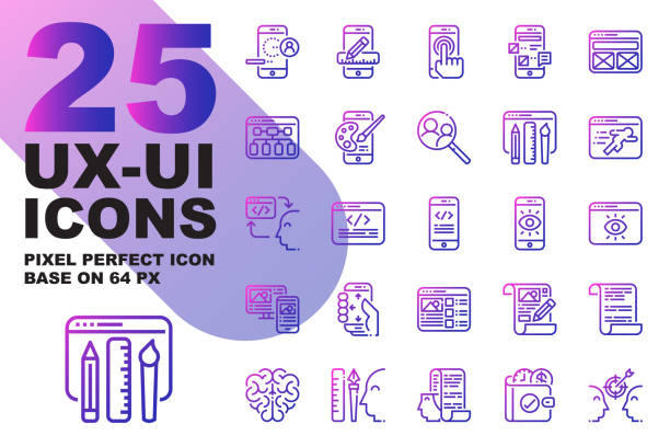 ilustraciones, imágenes clip art, dibujos animados e iconos de stock de los iconos de degradado de esquema de aplicación ux ui establecen base en 64px, icono de proceso de alineación perfecta píxel. - user experience