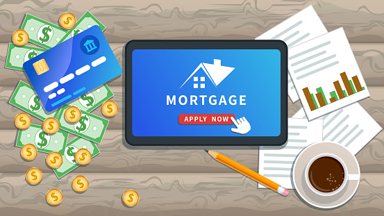 Apply For Mortgage Loan Online Property Investment Home Loan Flat Tablet Or Smartphone With House Logo Cursor Click Button On Desk With Cash Credit Card Cup Of Coffee Paper Chart And Pencil Stock Illustration Download Image Now Istock