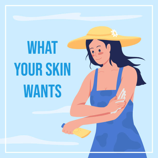Applying sunscreen social media post mockup Applying sunscreen social media post mockup. What your skin wants phrase. Web banner design template. Summer body care booster, content layout with inscription. Poster, print ads and flat illustration sunscreen stock illustrations