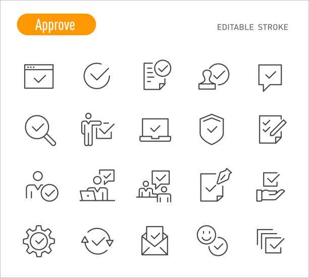 ilustraciones, imágenes clip art, dibujos animados e iconos de stock de aprobar iconos - serie de líneas - trazo editable - shield icon