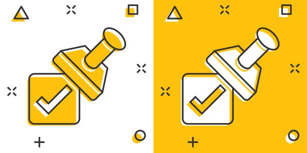 approve stamp icon in comic style. accept check mark cartoon vector illustration on white isolated background. approval choice splash effect business concept. - 章 插圖 幅插畫檔、美工圖案、卡通及圖標