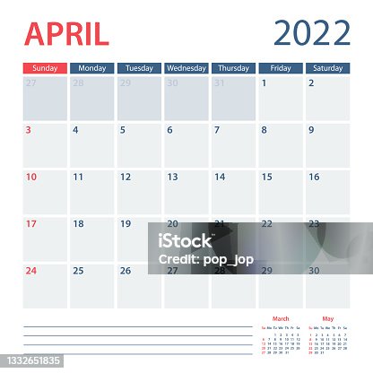 istock 2022 April Calendar Planner Vector Template. Week starts on Sunday 1332651835