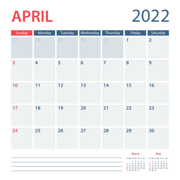 ilustrações, clipart, desenhos animados e ícones de modelo vetorial do planejador de calendário de abril de 2022. semana começa no domingo - abril