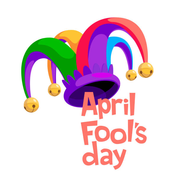April Fool's day lettering with colorful jester hat isolated on white background April Fool's day lettering with colorful jester hat isolated on white background. RGB. Global color jester stock illustrations