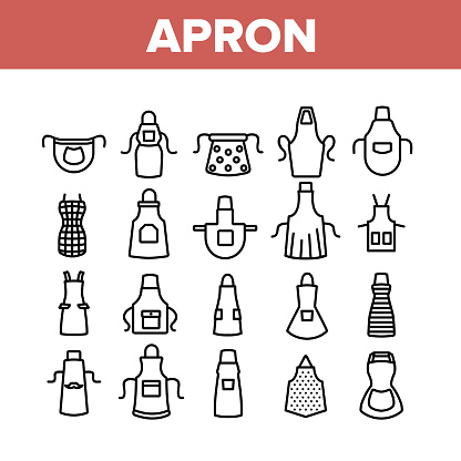 Apron Kitchen Cloth Collection Icons Set Vector. Kitchen Apron Protective Garment Different Style, Chef Uniform, Housewife Domestic Clothing Concept Linear Pictograms. Monochrome Contour Illustrations