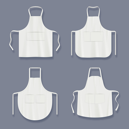 Aprons mockup. Realistic clothes for kitchen cook barman preparing food decent vector aprons collections